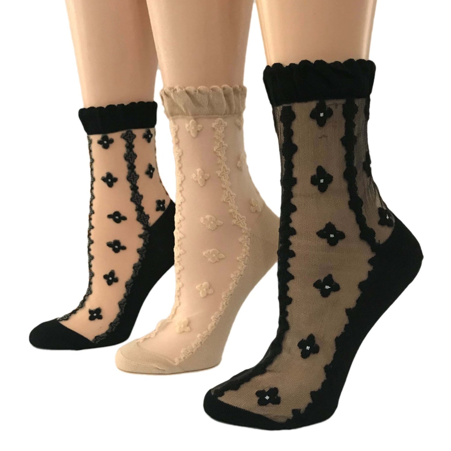 Black Diamond Patterned Sheer Socks (Pack of 3 Pairs) - Global Trendz Fashion®