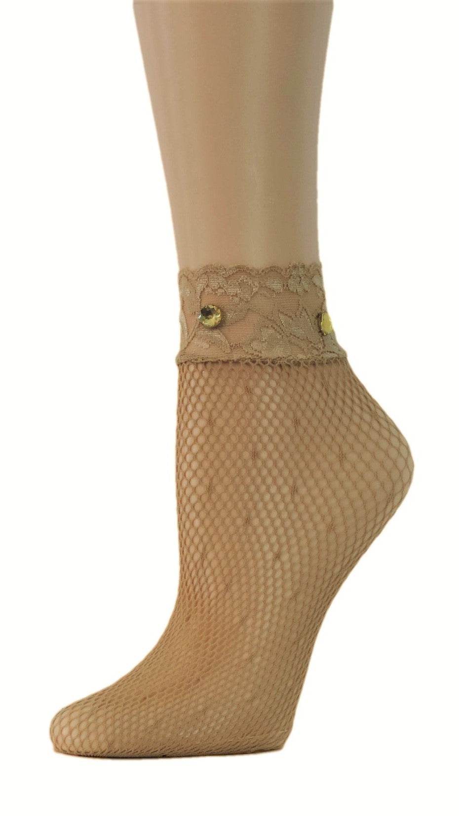 Beige Lace Custom Fishnet Socks with beads - Global Trendz Fashion®
