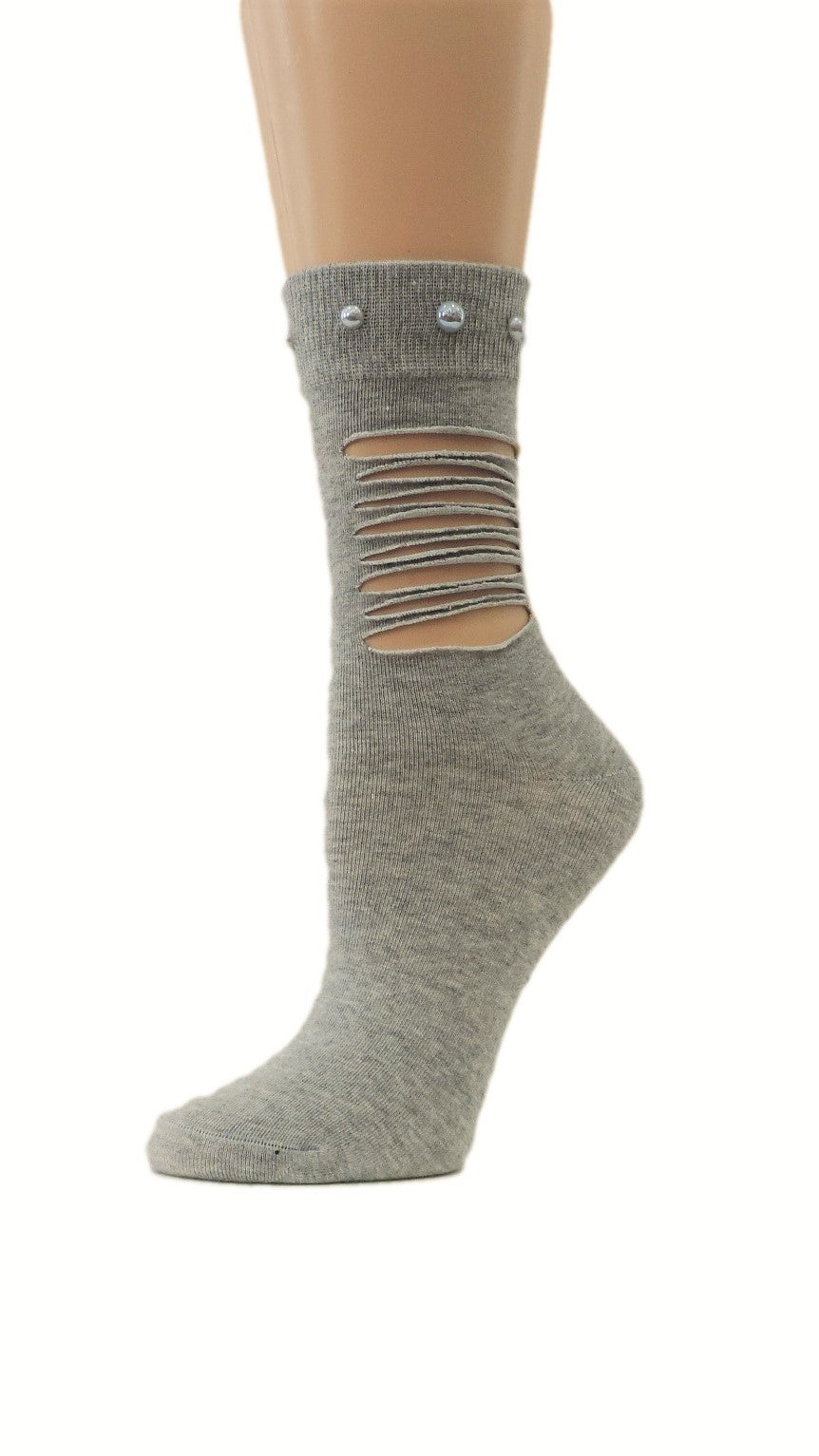 Ripped Grey Custom Fashion Socks with beads - Global Trendz Fashion®