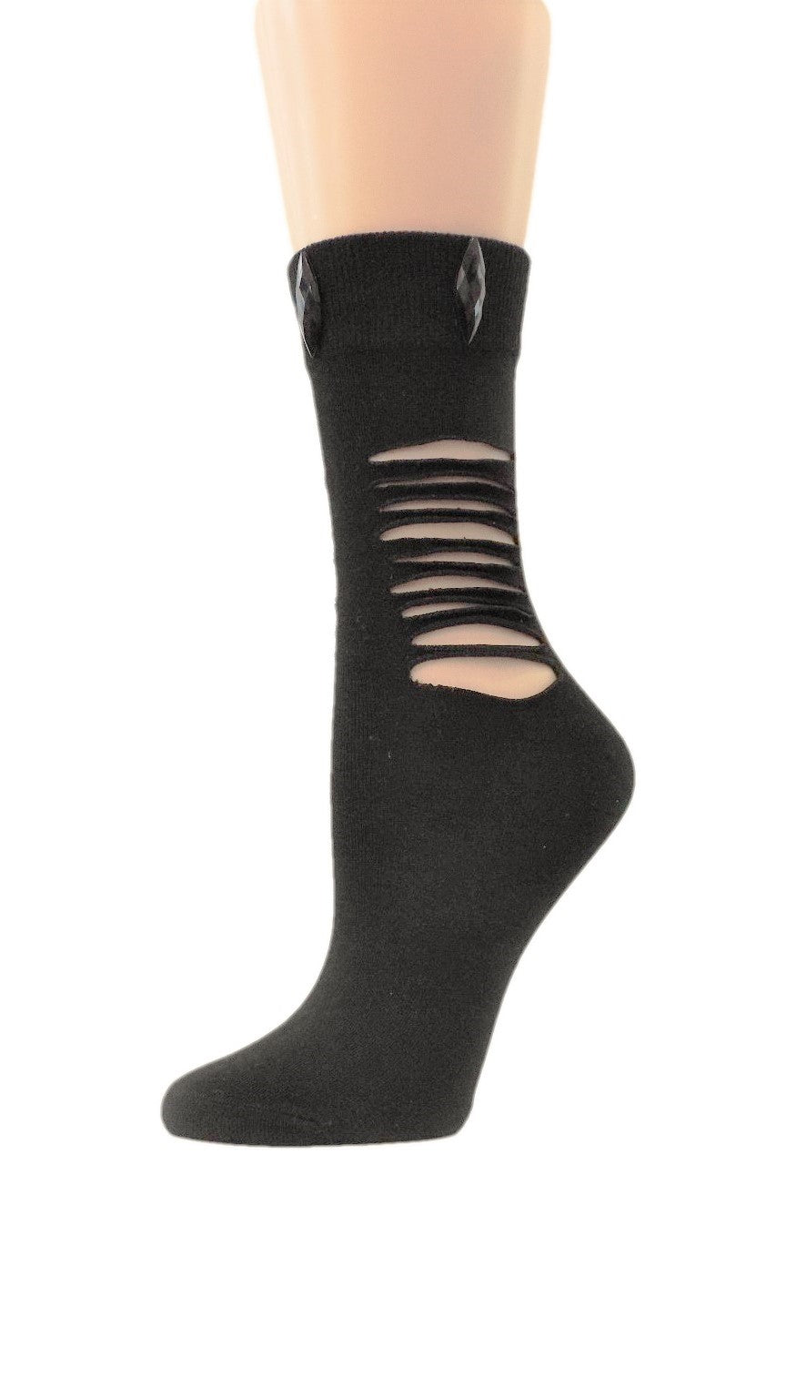 Ripped Midnight Black Custom Fashion Socks with crystal - Global Trendz Fashion®