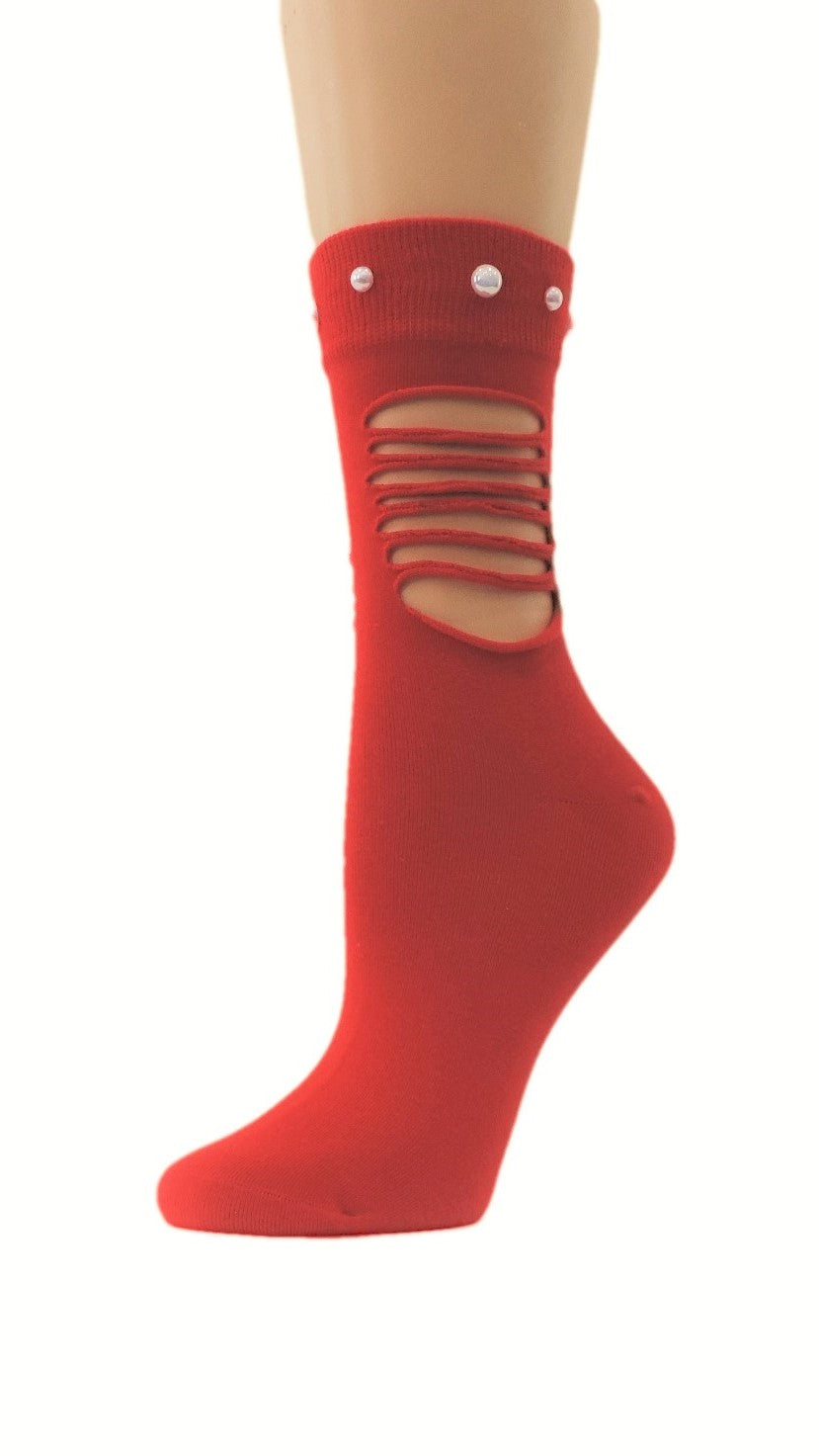 Ripped Bright Red Custom Fashion Socks with Beads - Global Trendz Fashion®