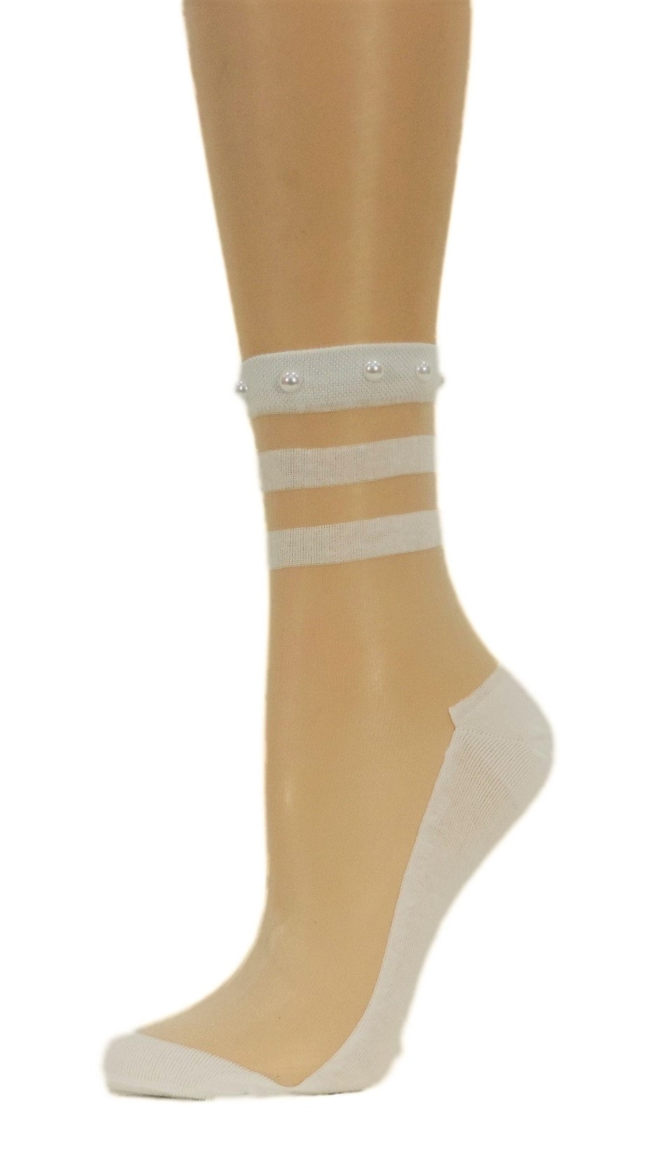 Classy White Striped Custom Sheer Socks with beads - Global Trendz Fashion®
