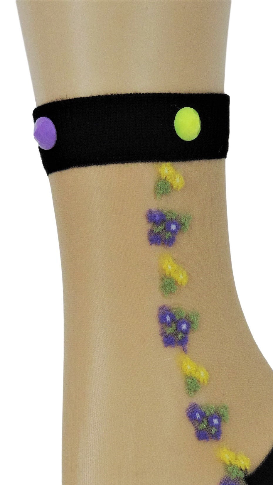 Purple Yellow Flowers Custom Sheer Socks with beads - Global Trendz Fashion®