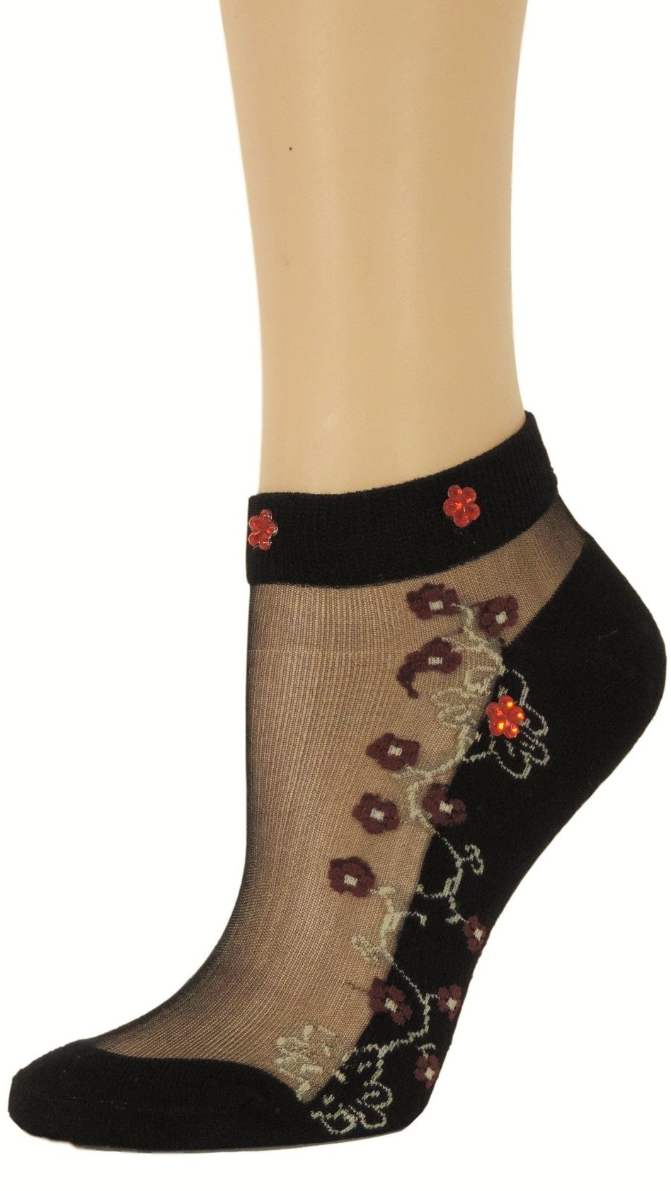 Maroon Flowers Ankle Custom Sheer Socks with beads - Global Trendz Fashion®