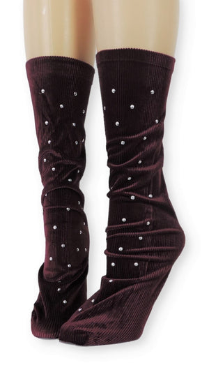 Ribbed Maroon Velvet Socks with Beads - Global Trendz Fashion®