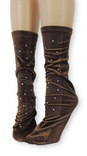 Ribbed Brown Velvet Socks with Beads - Global Trendz Fashion®