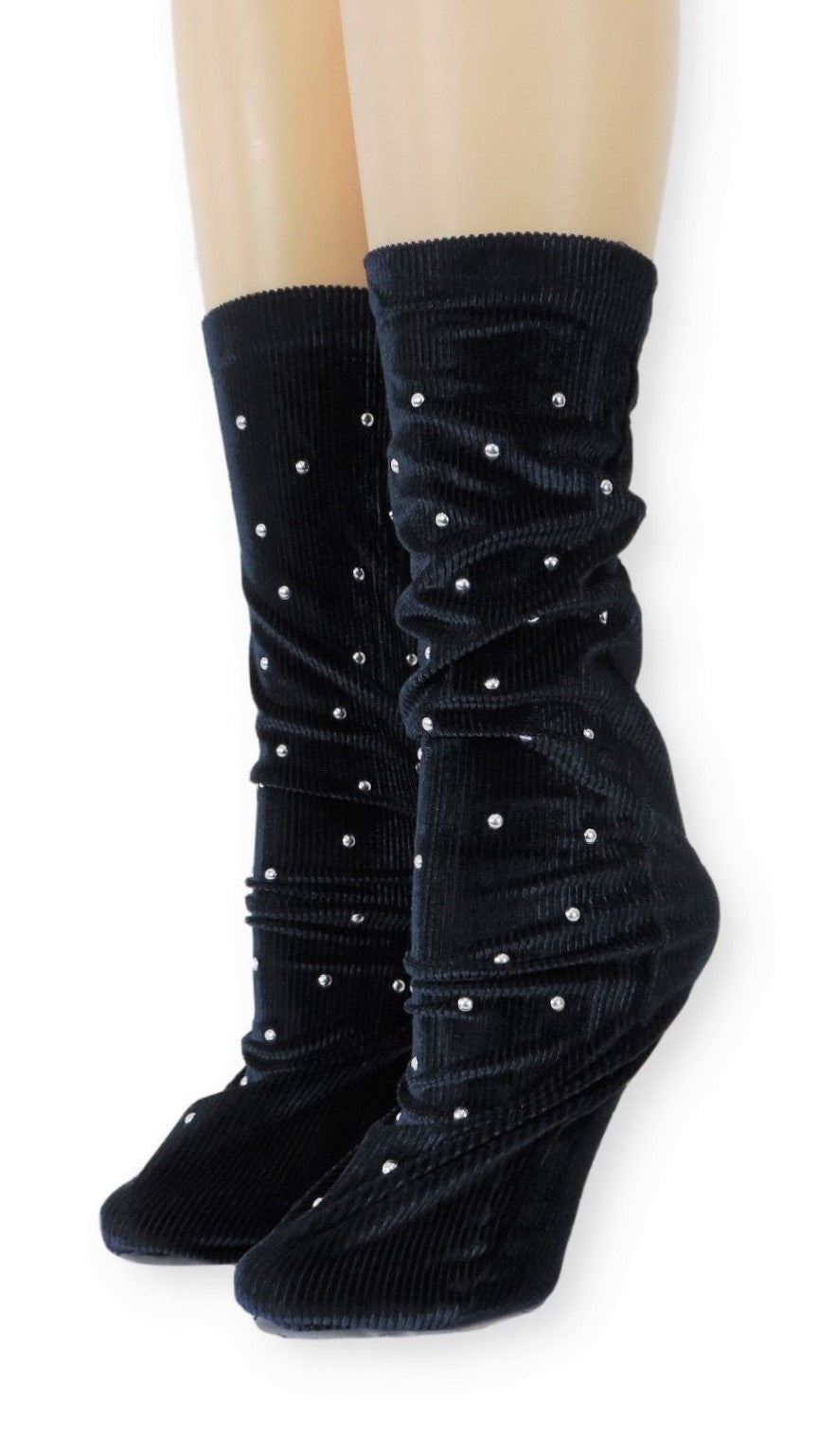 Ribbed Navy Velvet Socks with Beads - Global Trendz Fashion®