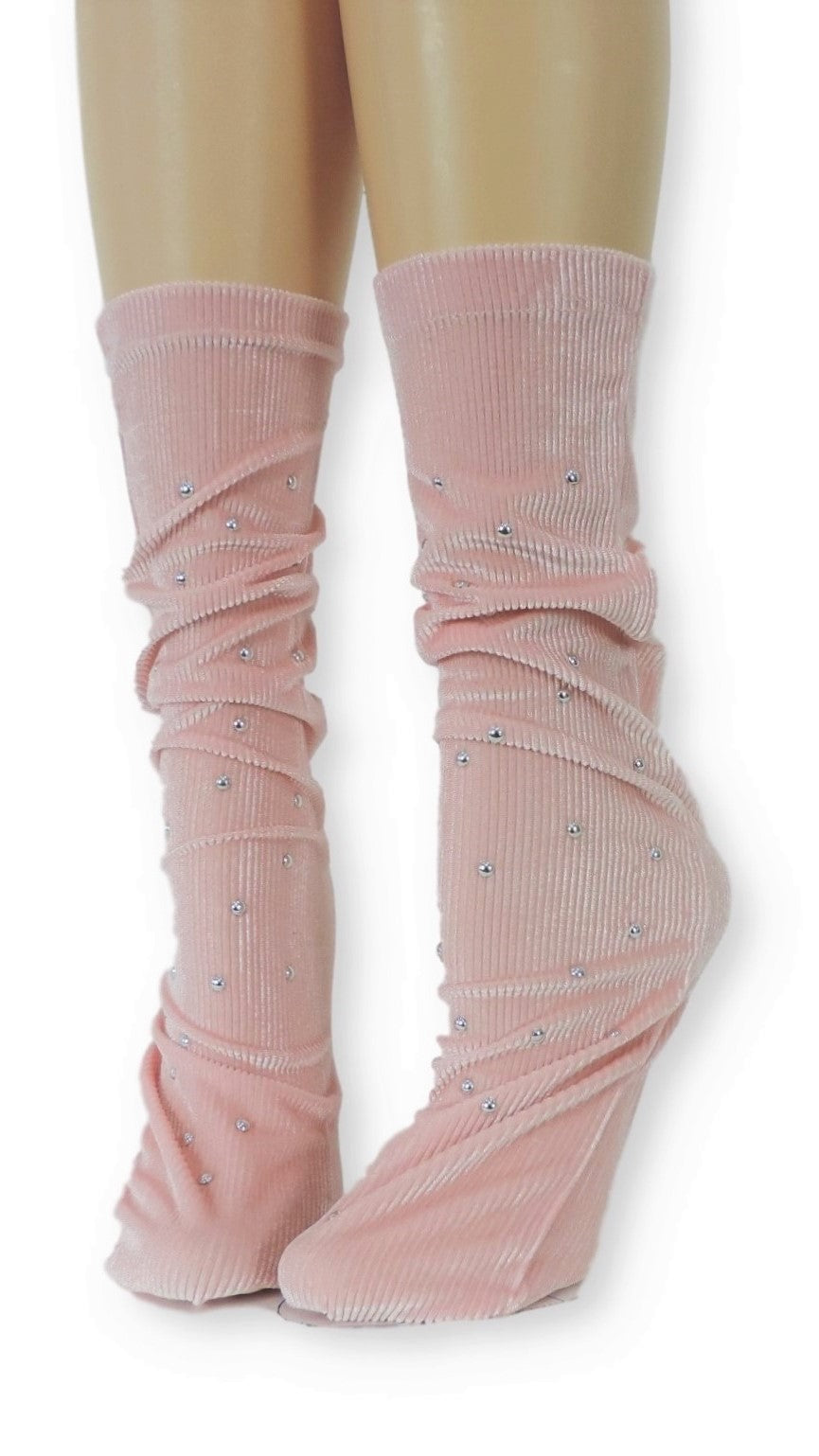 Ribbed Pink Velvet Socks with Beads - Global Trendz Fashion®