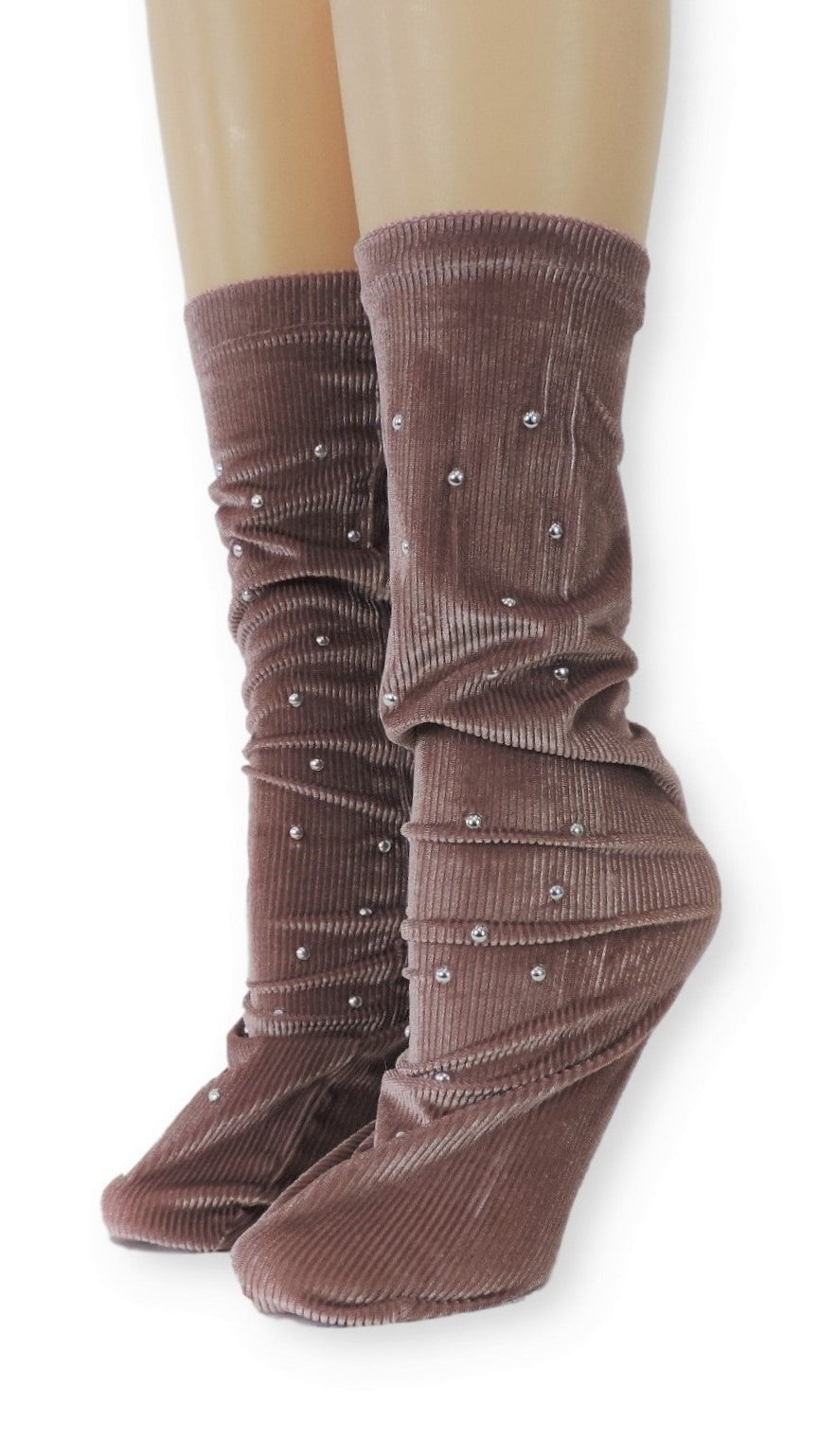 Ribbed Tea Pink Velvet Socks with Beads - Global Trendz Fashion®