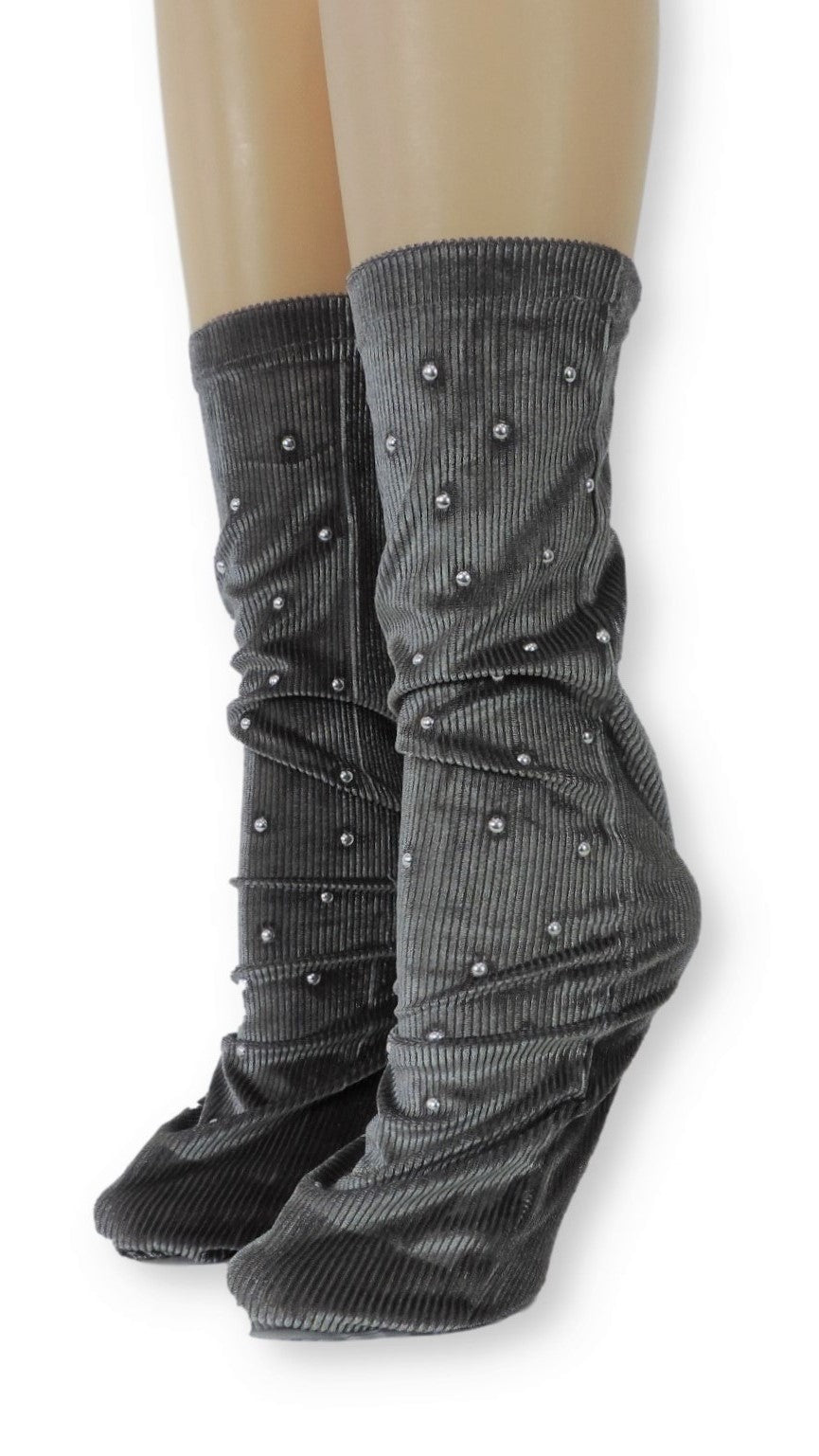 Ribbed Grey Velvet Socks with Beads - Global Trendz Fashion®