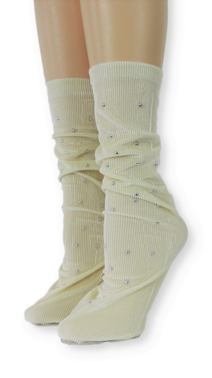 Ribbed Cream Velvet Socks with Beads - Global Trendz Fashion®