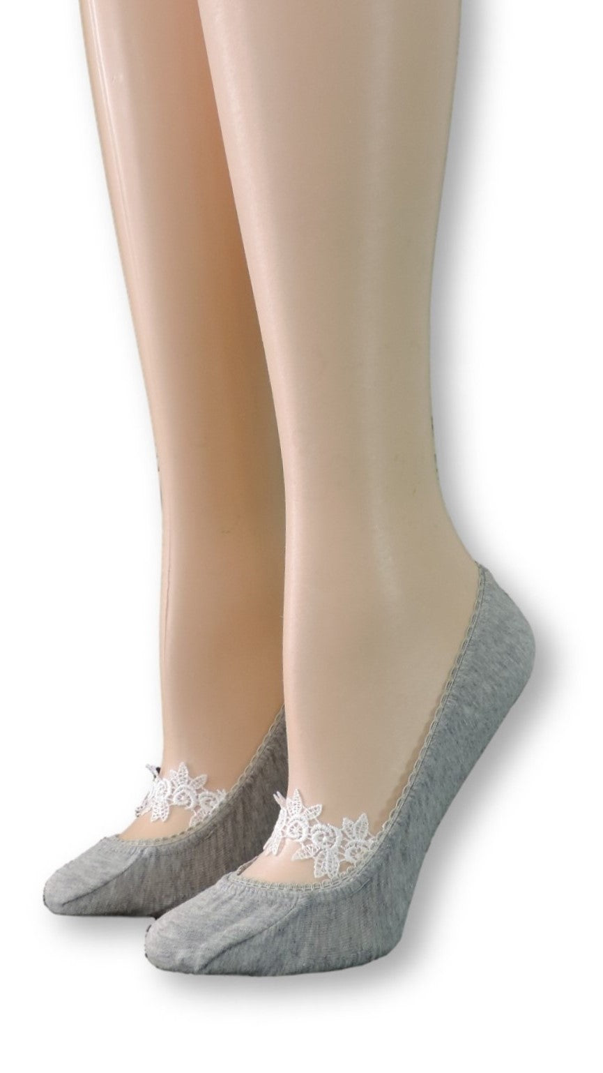 Gray Ankle Socks with White Floral Lace - Global Trendz Fashion®