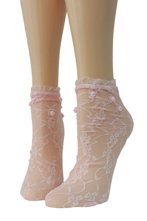 Rose Pink Mesh Socks with frill and beads