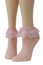 Rose Pink Mesh Socks with edging lace and beads