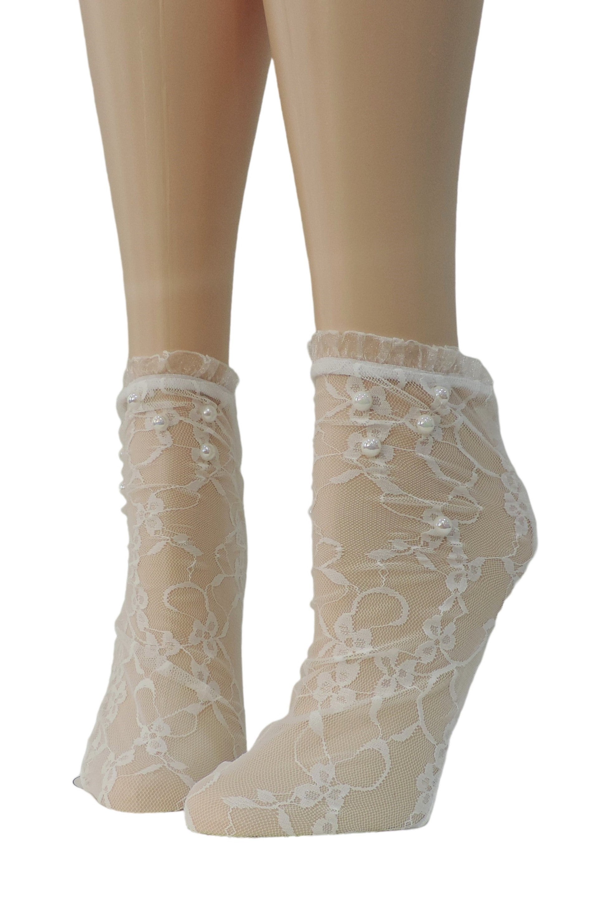 Ivory Mesh Socks with frill with beads