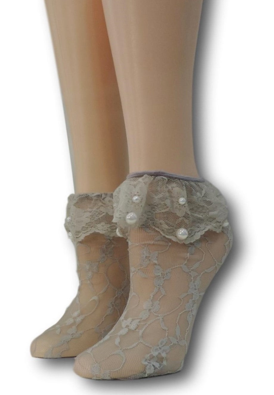 Steel Grey Mesh Socks with edging lace and beads