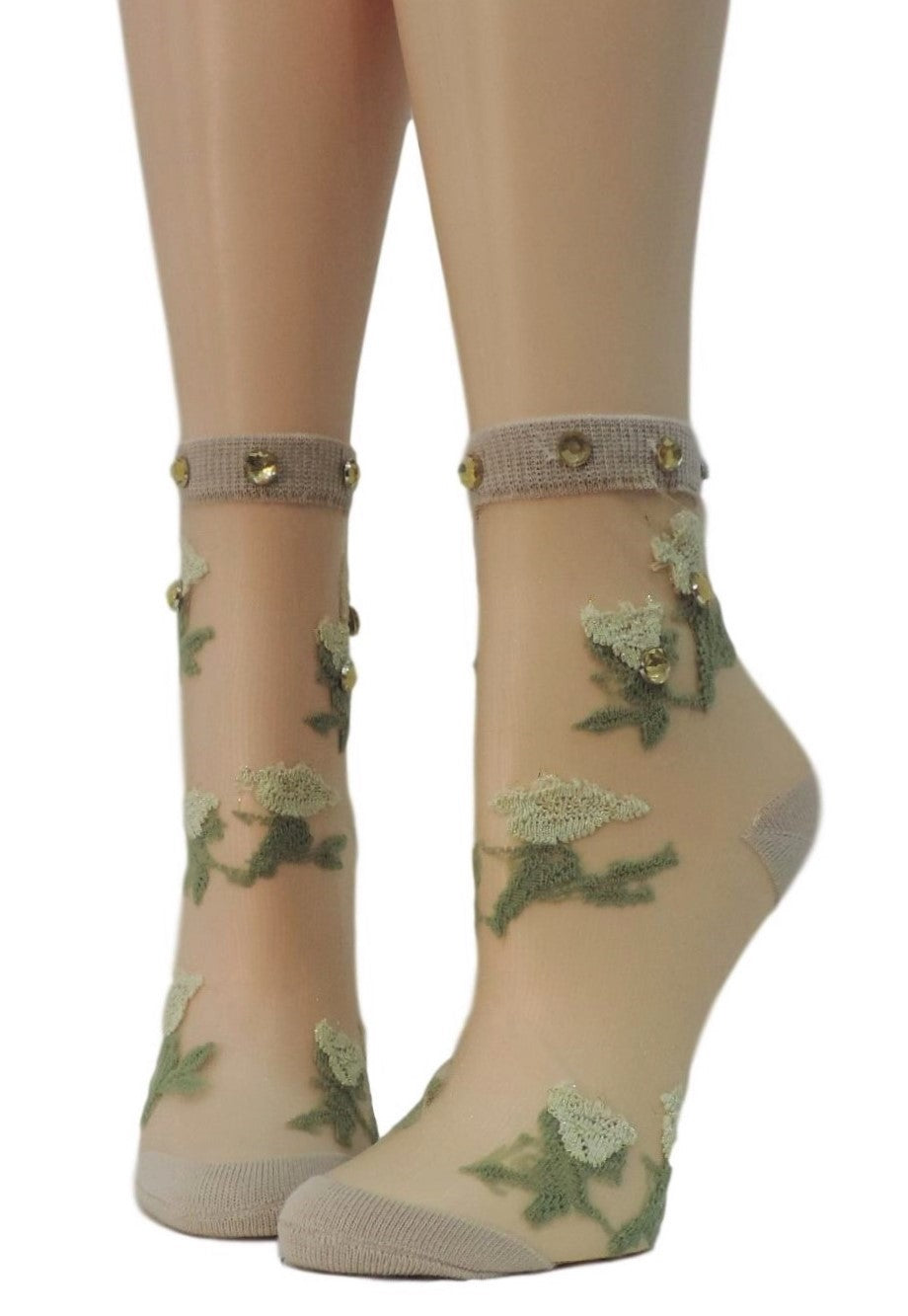 Snazzy Green Flowers Sheer Socks with beads