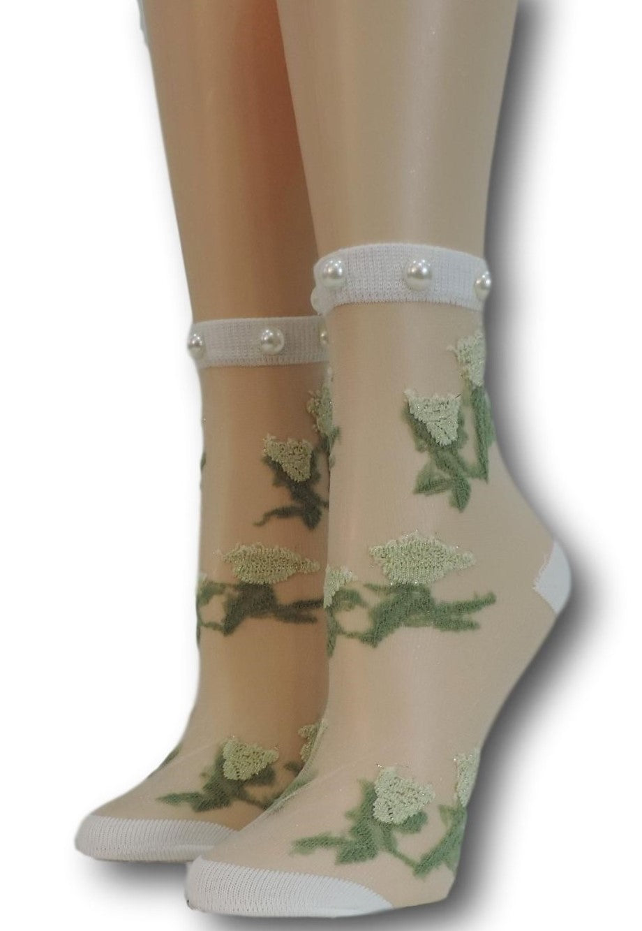 Nifty Green Flowers Sheer Socks with beads