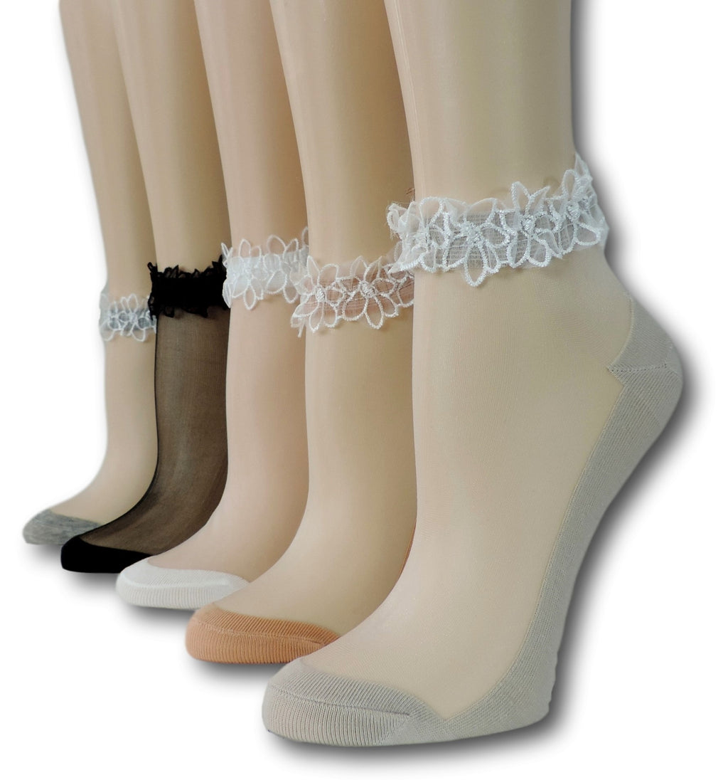 Ankle Sheer Socks with Lace (Pack of 5 Pairs)