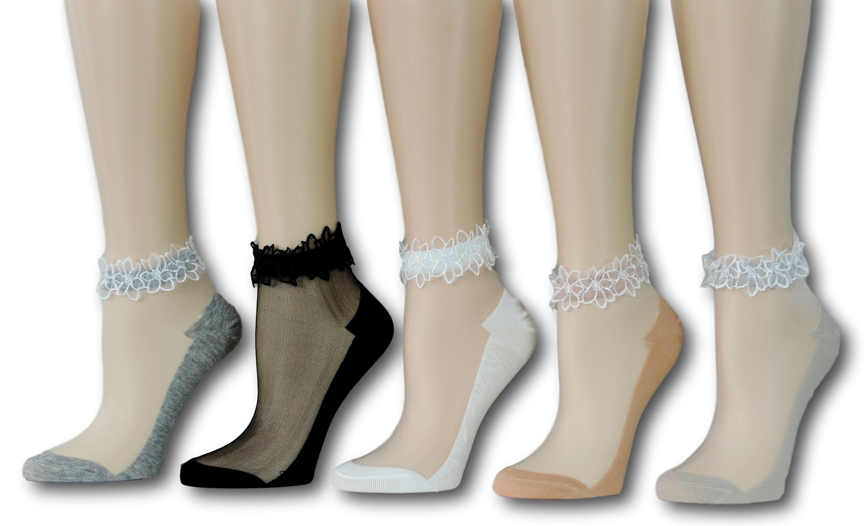 Ankle Sheer Socks with Lace (Pack of 5 Pairs)