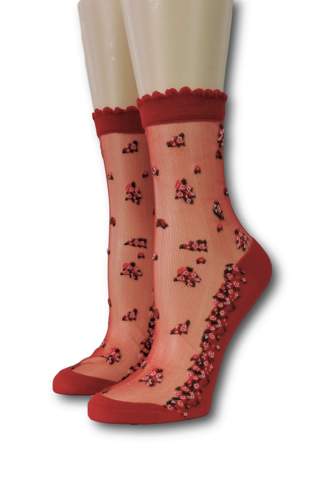 Red Mini Pink Flowers Sheer Socks