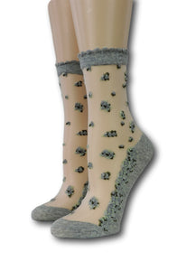 Grey Green Flowers Sheer Socks