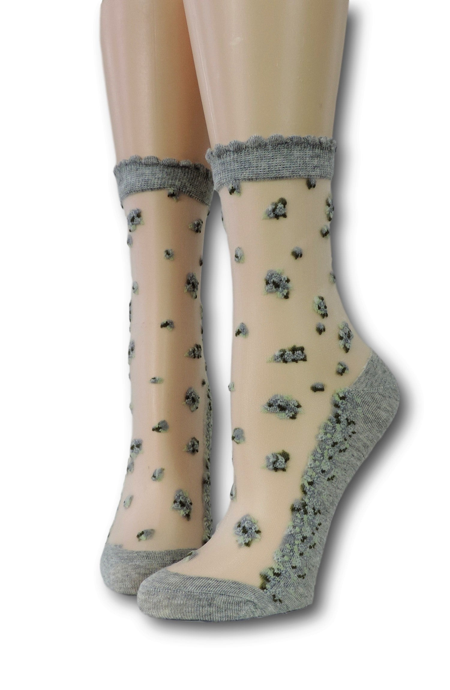Grey Green Flowers Sheer Socks