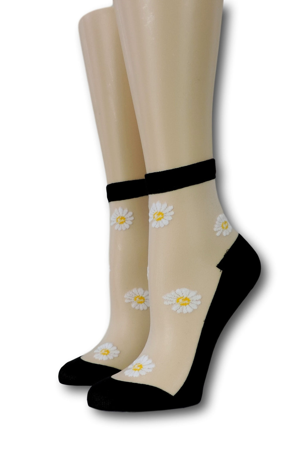 White Sunflower Black Sheer Socks
