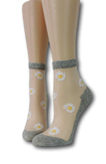 White Sunflower Grey Sheer Socks