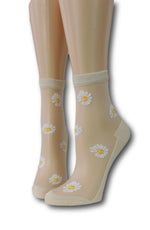 White Sunflower Beige Sheer Socks