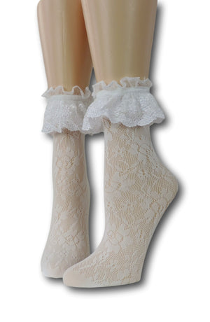 White Floral Ruffle Sheer Socks