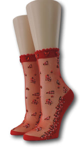 Red Mini Pink Flowers Sheer Socks with beads