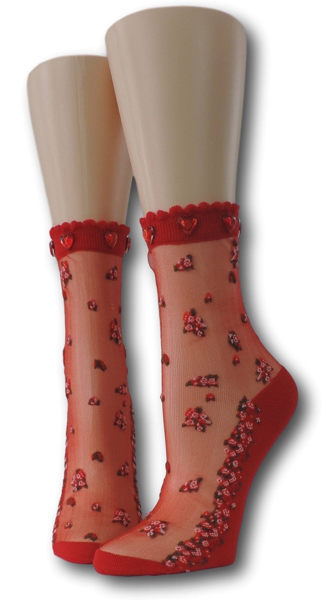 Red Mini Pink Flowers Sheer Socks with beads