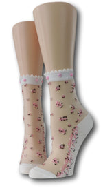 Young Pink Flowers Sheer Socks with beads