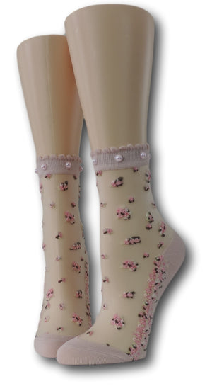 Small Pink Flowers Sheer Socks with beads