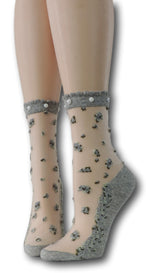 Grey Green Flowers Sheer Socks with beads