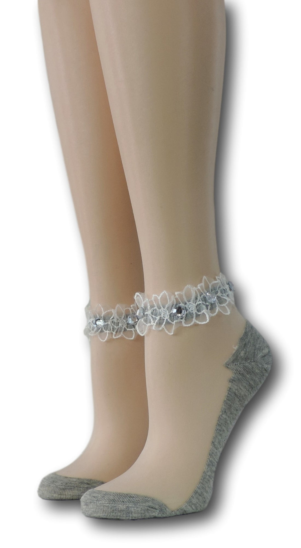 Thick Grey Ankle Sheer Socks with beads