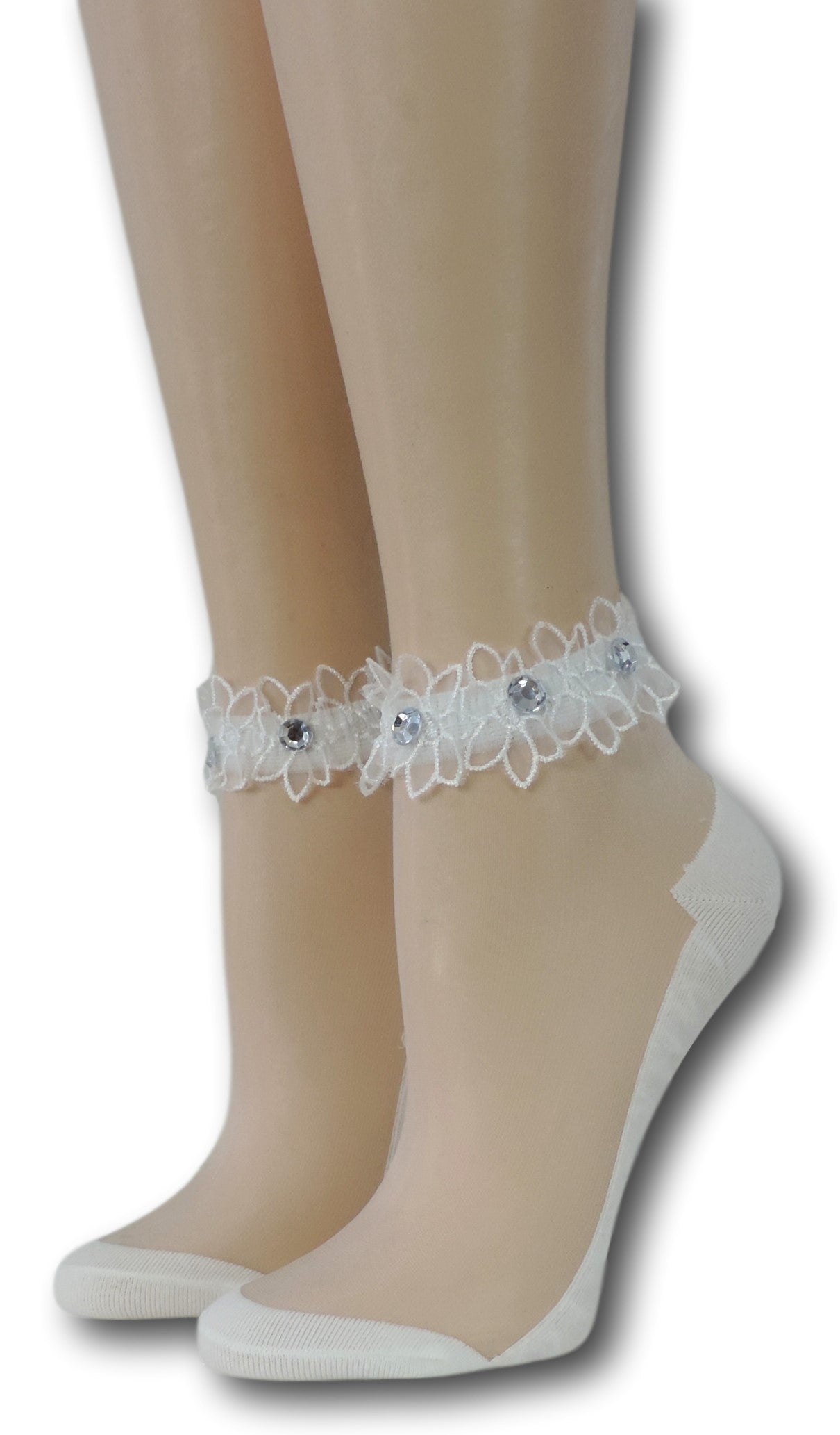 Bright White Ankle Sheer Socks with beads