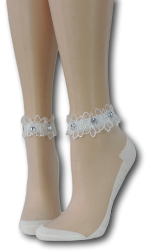 Bright White Ankle Sheer Socks with beads