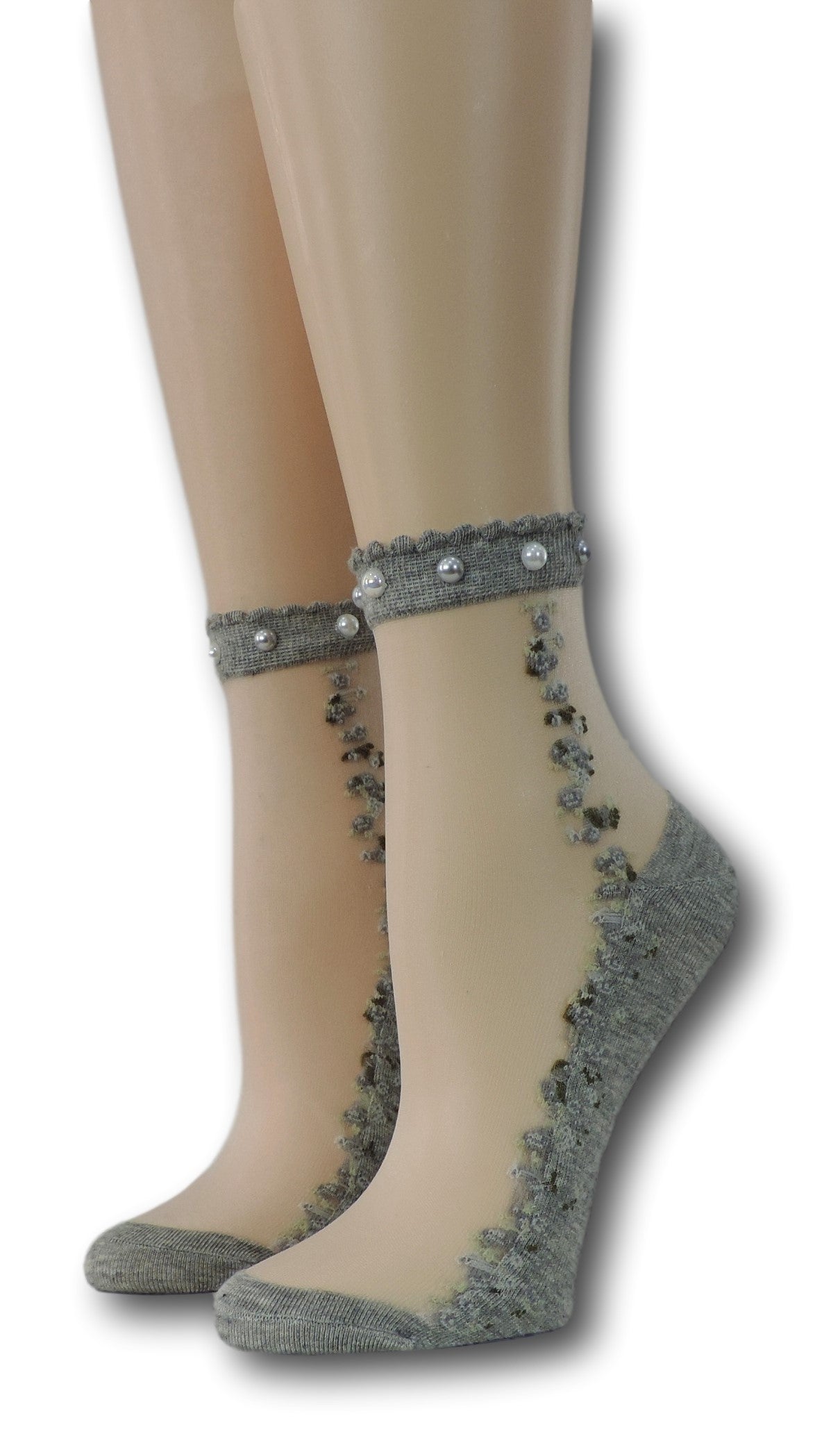 Grey Blooming Sheer Socks with beads