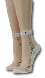 White Blooming Sheer Socks with beads
