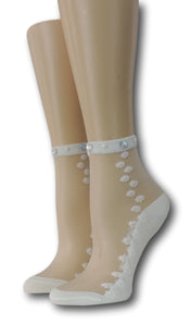 White Seamless Floral Sheer Socks with beads