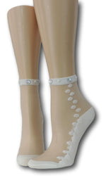 White Seamless Floral Sheer Socks with beads