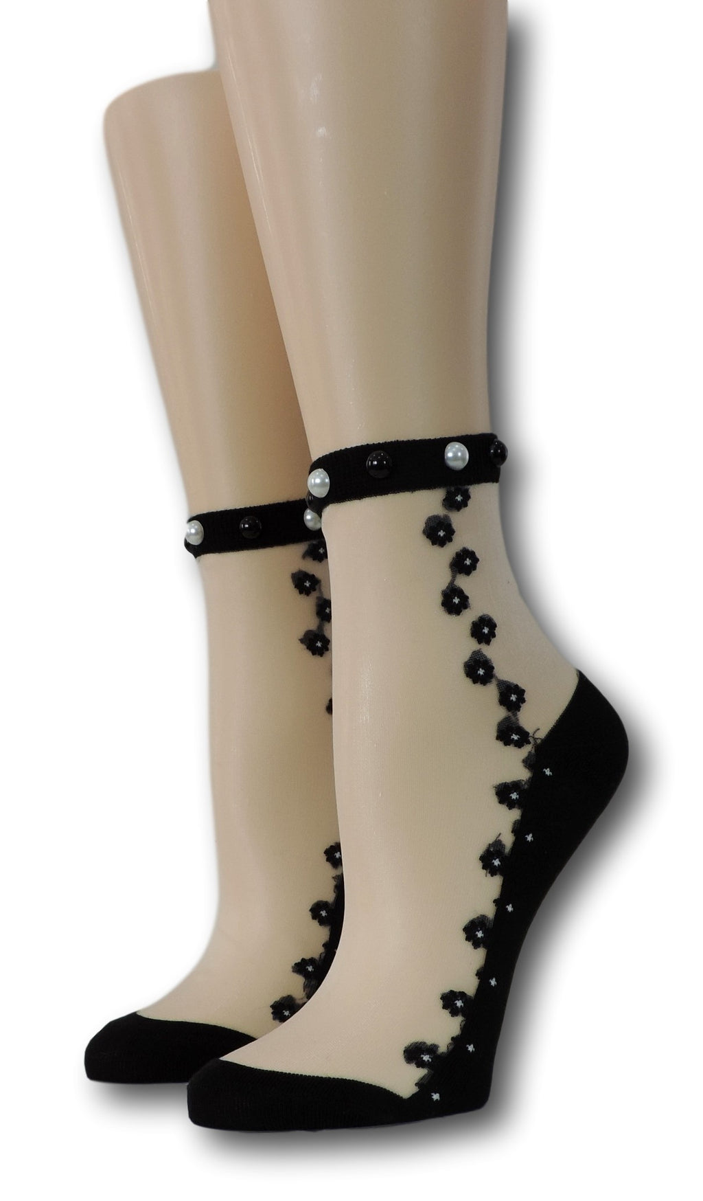 Black Seamless Floral Sheer Socks with beads
