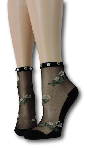 Black Floret Sheer Socks with beads