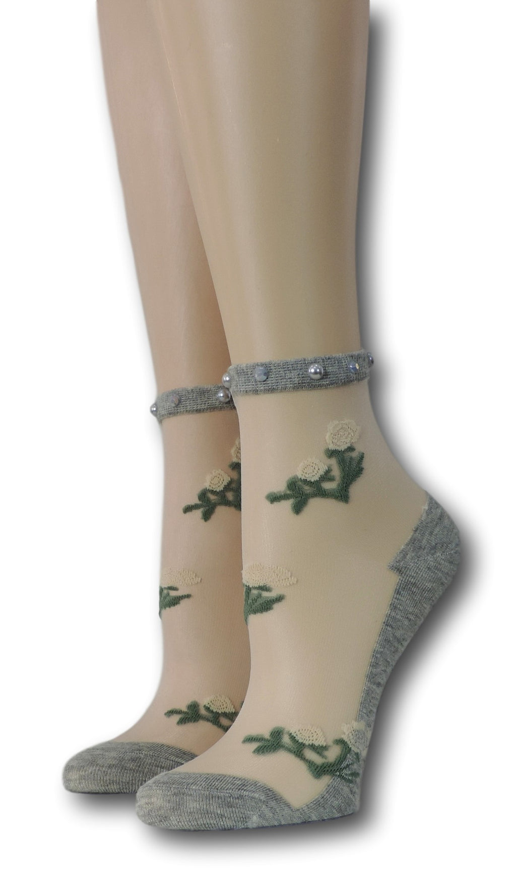 Grey Floret Sheer Socks with beads