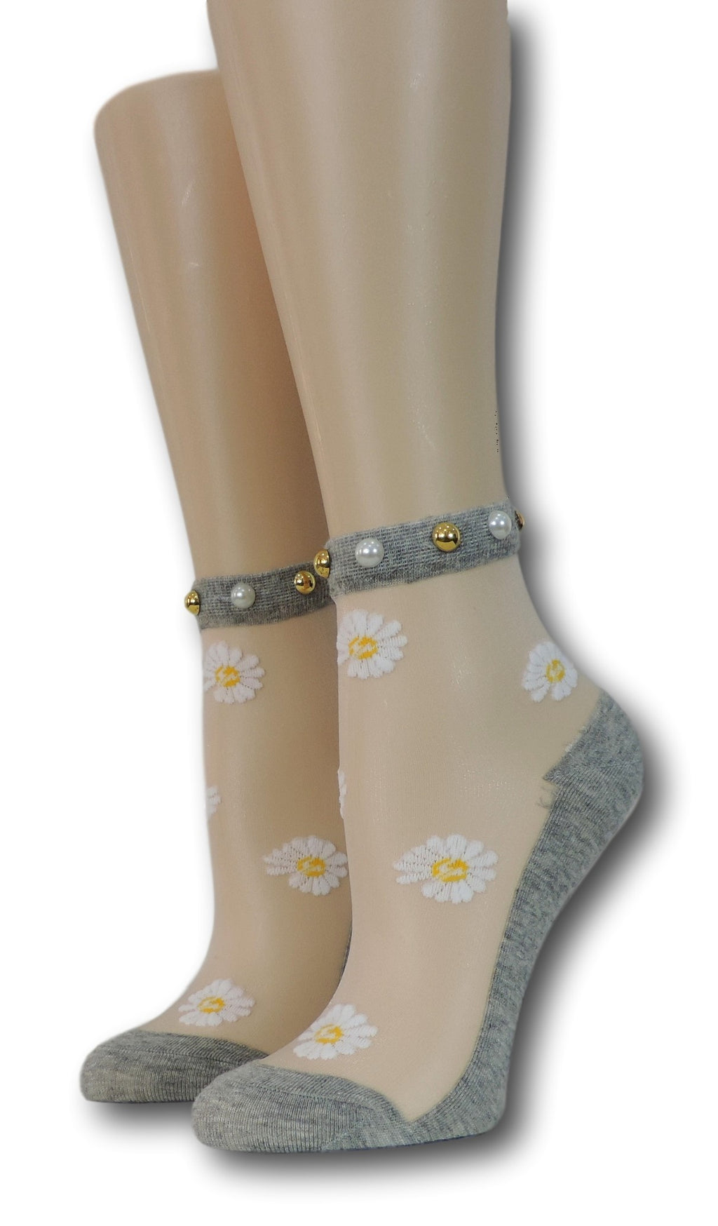White Sunflower Grey Sheer Socks with beads