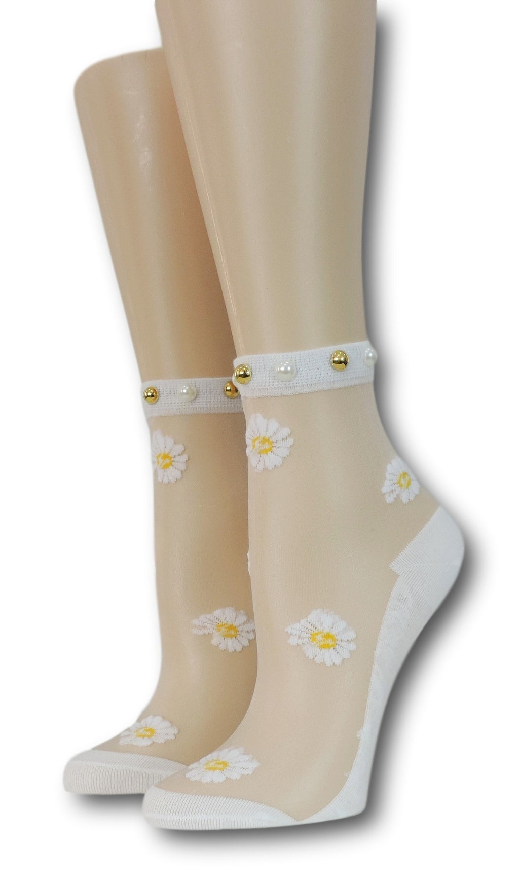 White Sunflower Pearl Sheer Socks with beads