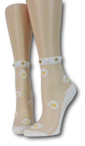 White Sunflower Pearl Sheer Socks with beads