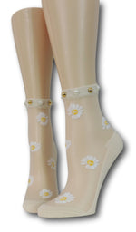 White Sunflower Beige Sheer Socks with beads